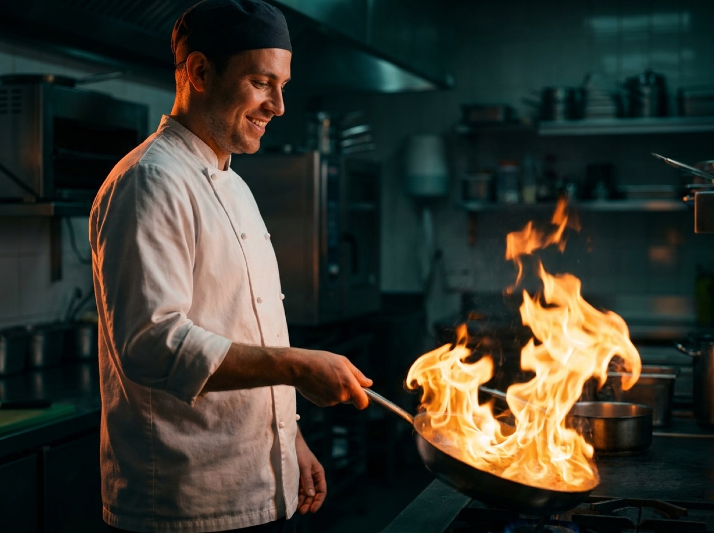 Chef flambeing a pan in a professional kitchen